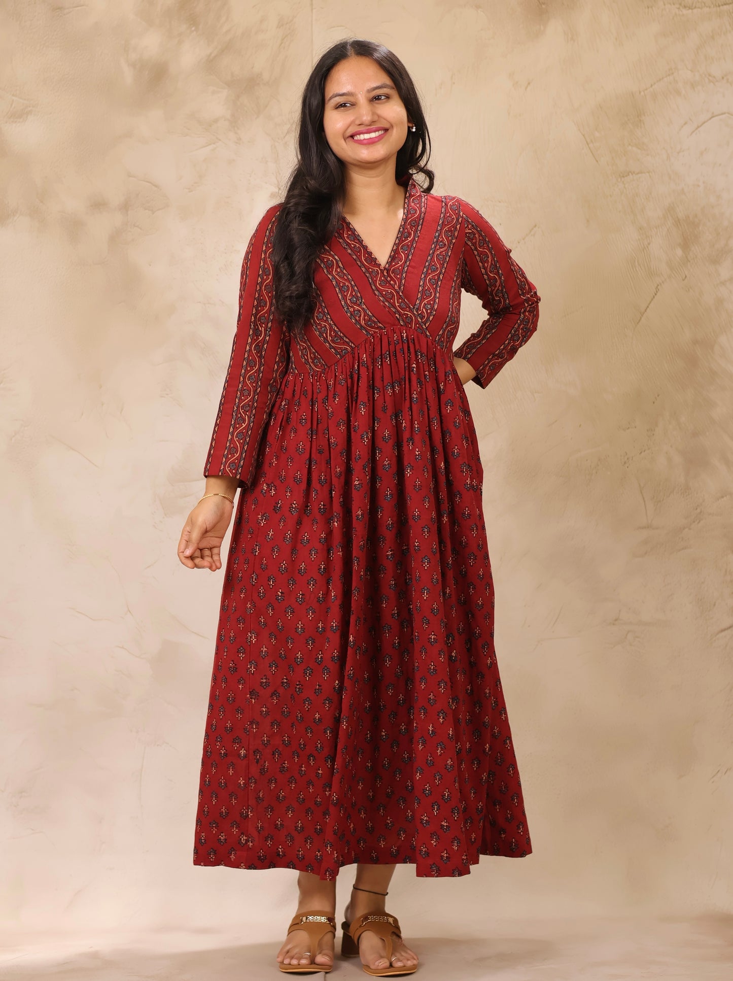 Maroon Ajrakh Hand Block Printed Pure Mul Cotton Aline Kurta | Looms & Tassels