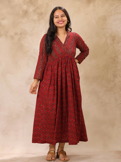 Maroon Ajrakh Hand Block Printed Pure Mul Cotton Aline Kurta | Looms & Tassels