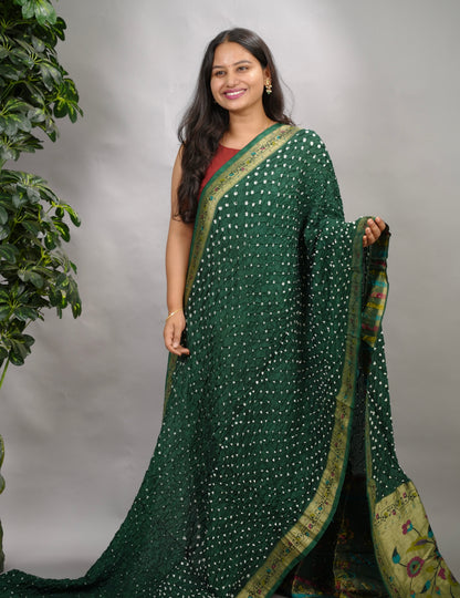 Green Handcrafted Bandhani Paithani Dola Silk Saree | Looms & Tassels