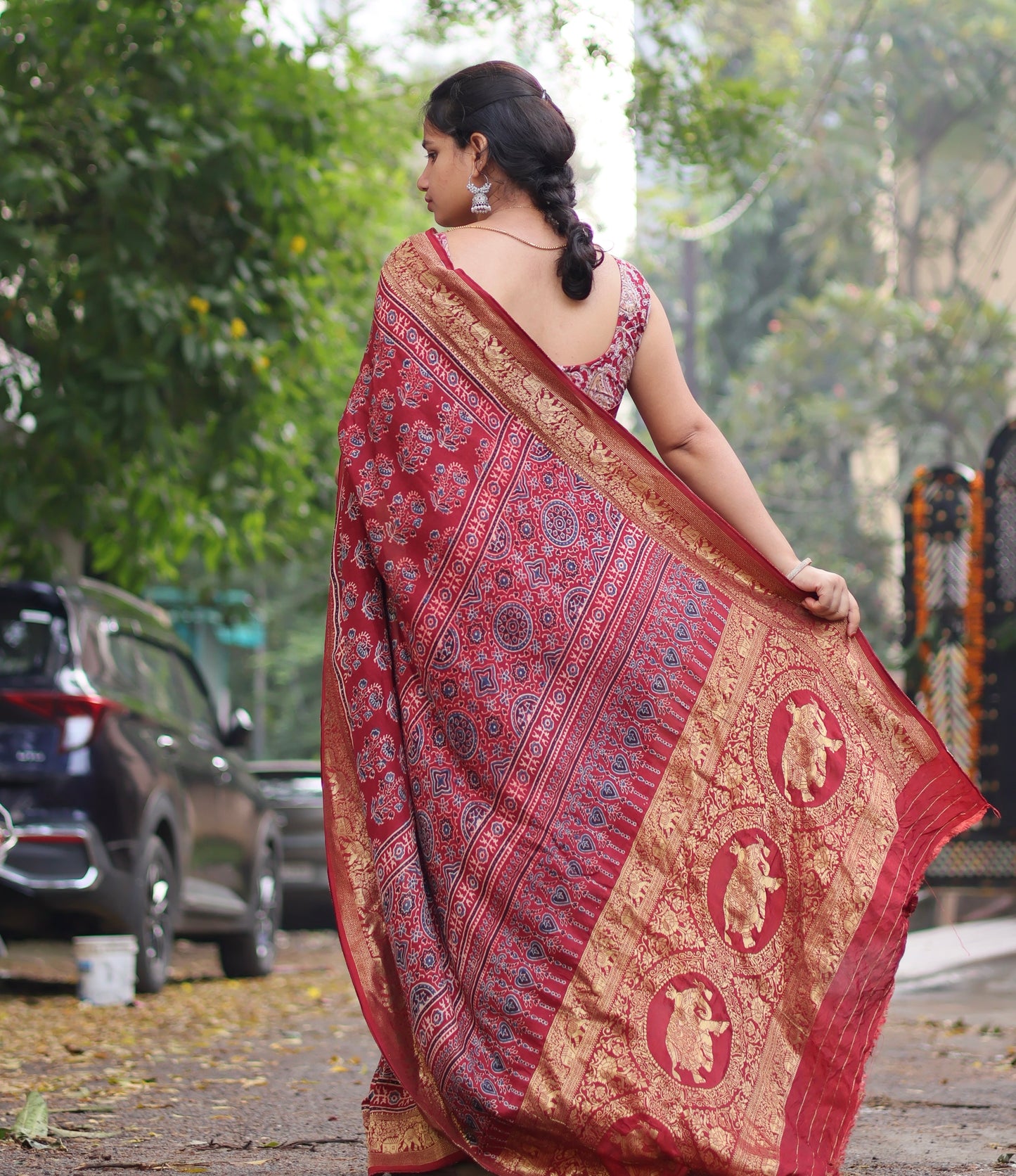 Red Floral Motifs Ajrakh Handblock Printed Dola Silk Saree