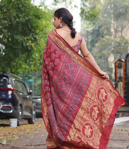 Red Floral Motifs Ajrakh Handblock Printed Dola Silk Saree
