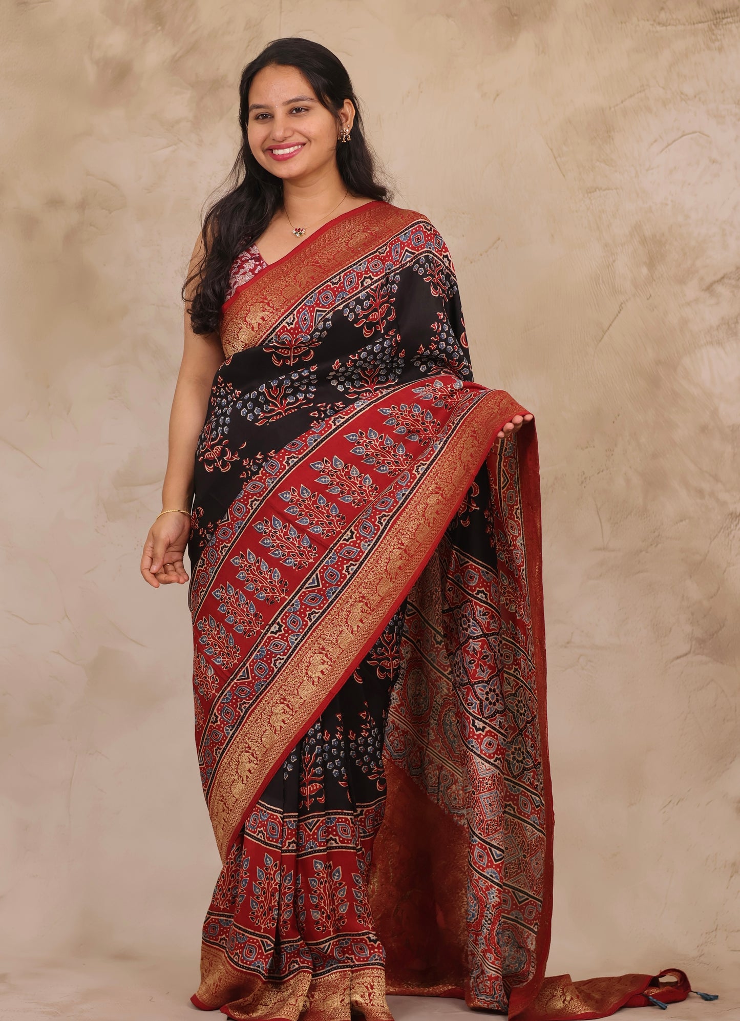 Black & Red Ajrakh Handblock printed Dola Silk Saree | Looms & Tassels