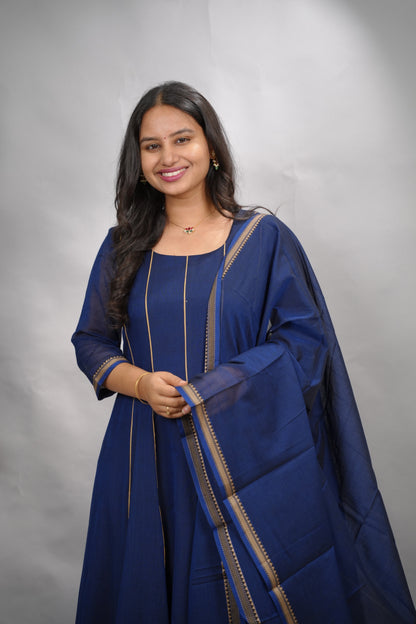 Blue Narayanpet Cotton Anarkali Dress with Narayanpet Dupatta | Looms & Tassels