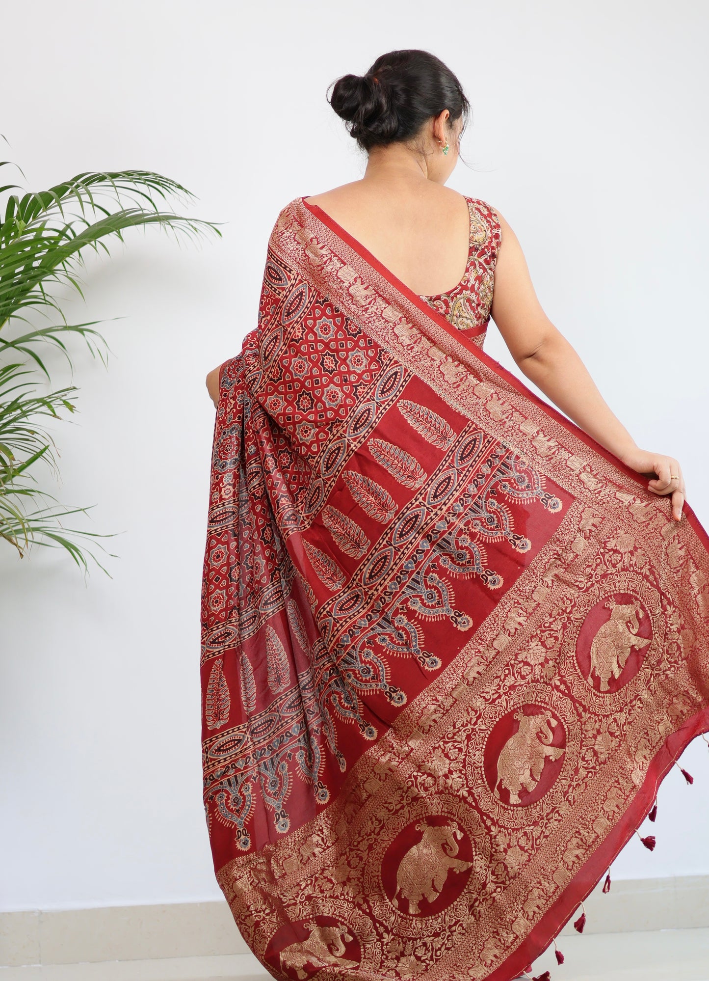 Red Ajrakh Dola Silk Saree