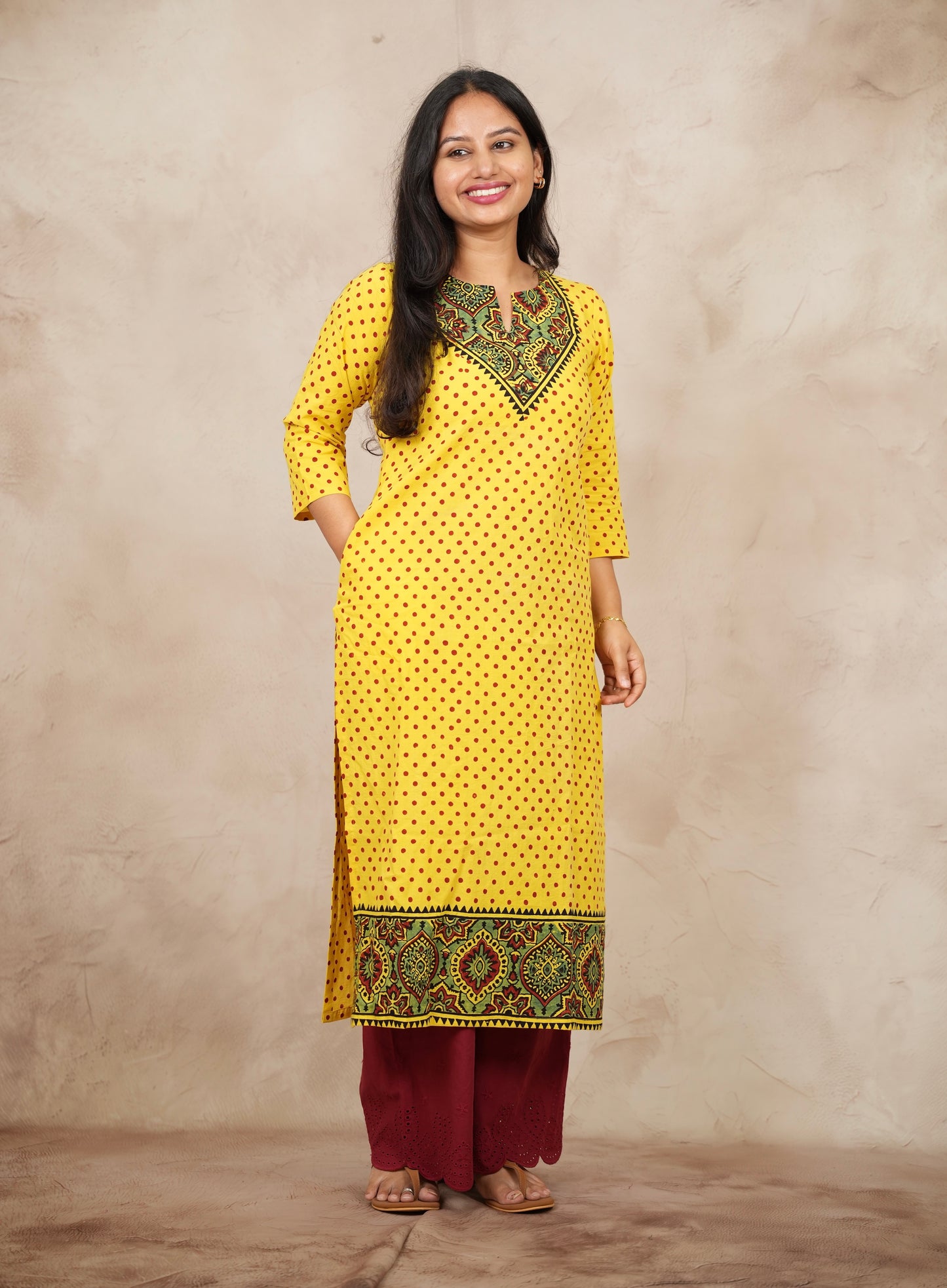 Yellow Ajrakh Pattern Hand Block printed Kurti | Looms & Tassels