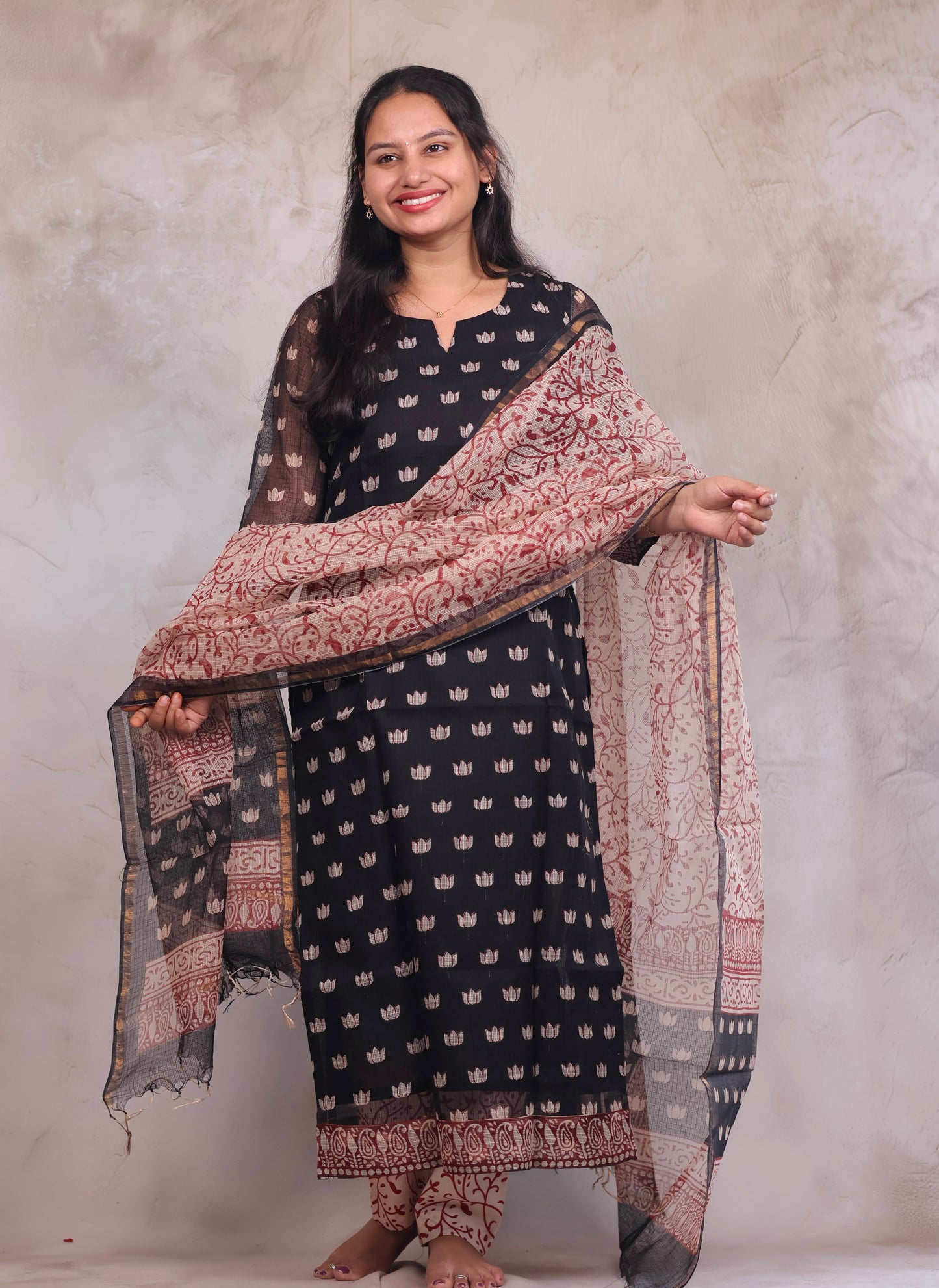 Black Handblock printed kota 3 piece suit (stitched)