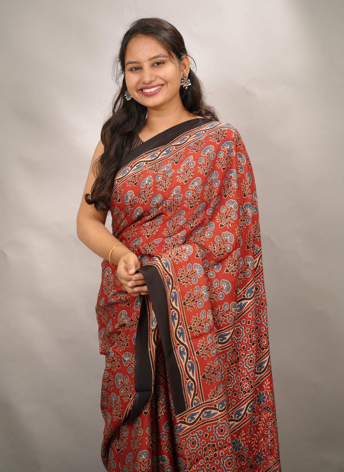 Maroon Kutchi Butta Authentic Ajrakh Handblock Printed Modal Silk Saree | Looms & Tassels