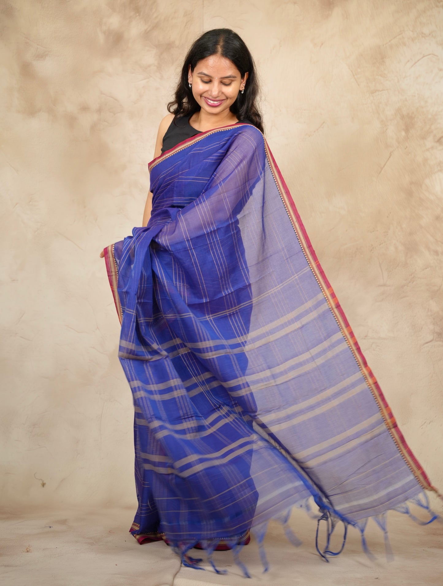 Blue Narayanpet Cotton Saree lines weaving | Looms & Tassels