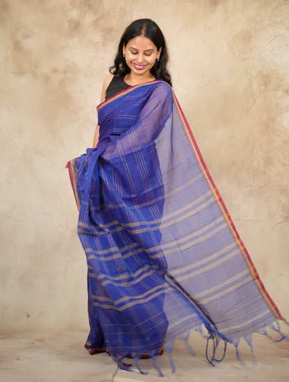 Blue Narayanpet Cotton Saree lines weaving | Looms & Tassels