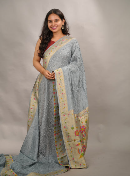 Gray Handcrafted Bandhani Paithani Dola Silk Saree | Looms & Tassels