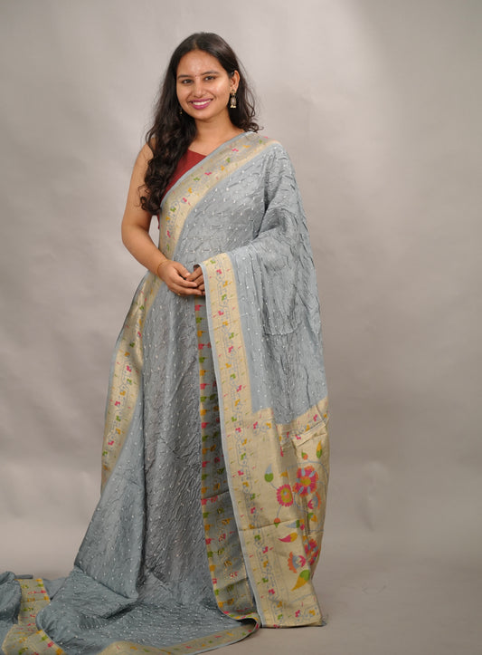 Gray Handcrafted Bandhani Paithani Dola Silk Saree | Looms & Tassels