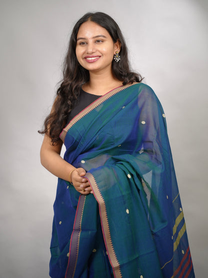 Peacock Blue Narayanpet Cotton Saree With Butta Weaving | Looms & Tassels