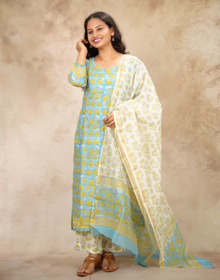 Powder Blue Handblock printed Pure Chenderi Silk 3 piece suit (stitched) |  Looms & Tassels