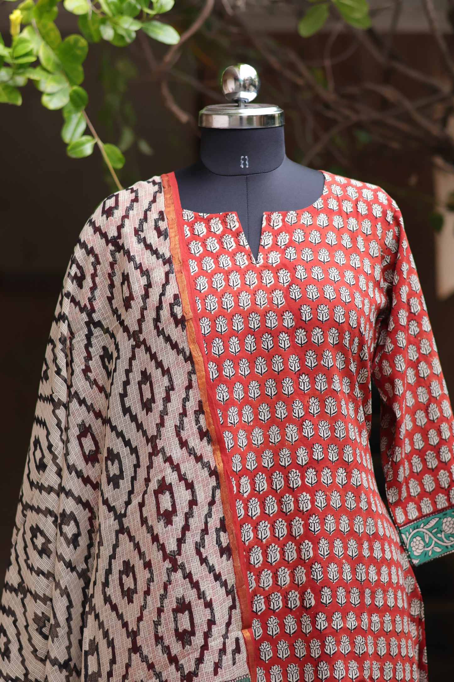 Maroon Handblock printed Pure Mul Cotton with Kota Doria Duppata 3 piece suit (stitched)