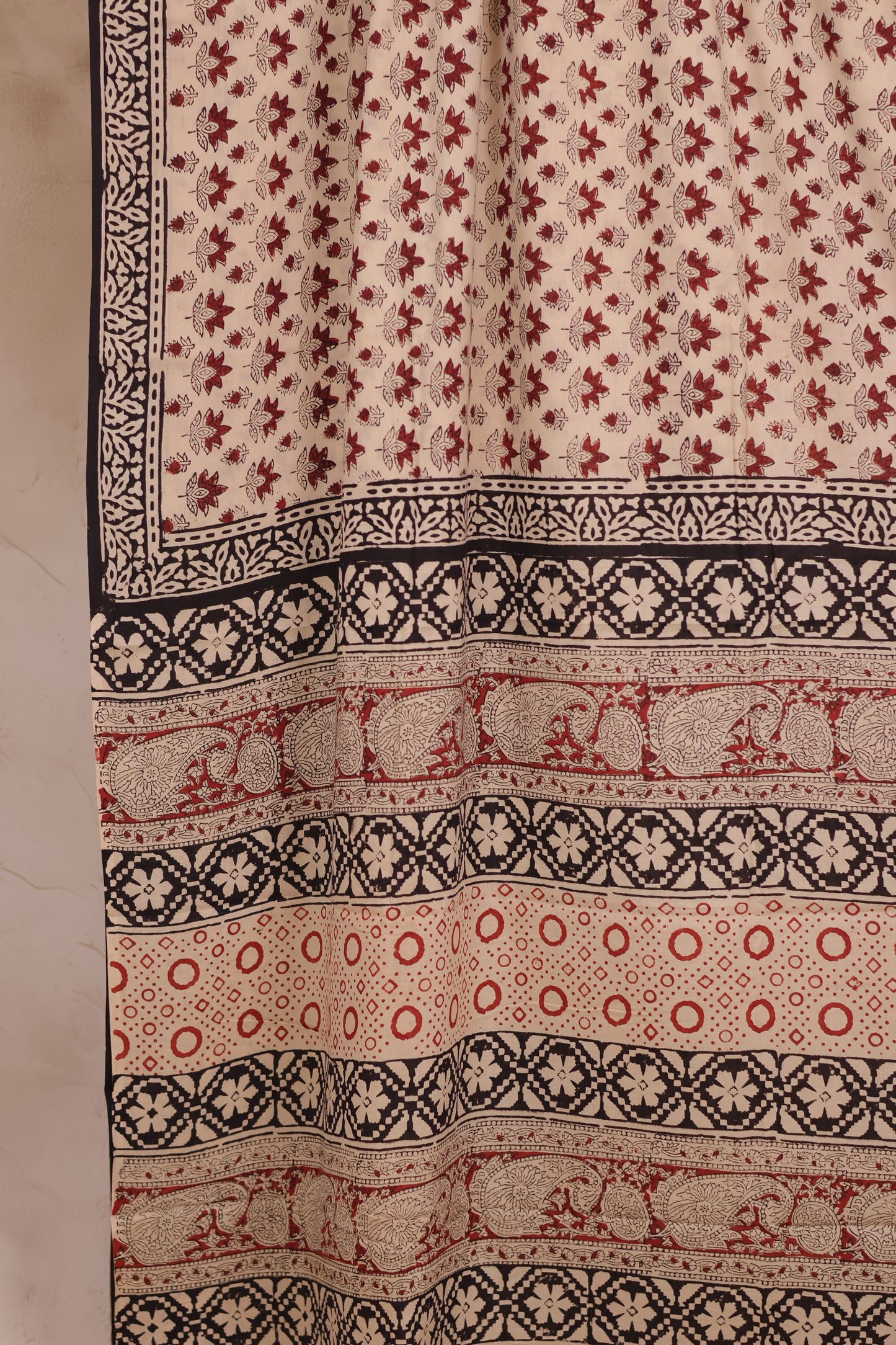 Cream Bagru Handblock printed MulMul cotton saree | Looms & Tassels