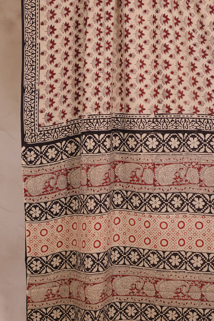 Cream Bagru Handblock printed MulMul cotton saree | Looms & Tassels