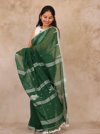 Bottle Green Malai Cotton Saree with Butta Weaving | Looms & Tassels