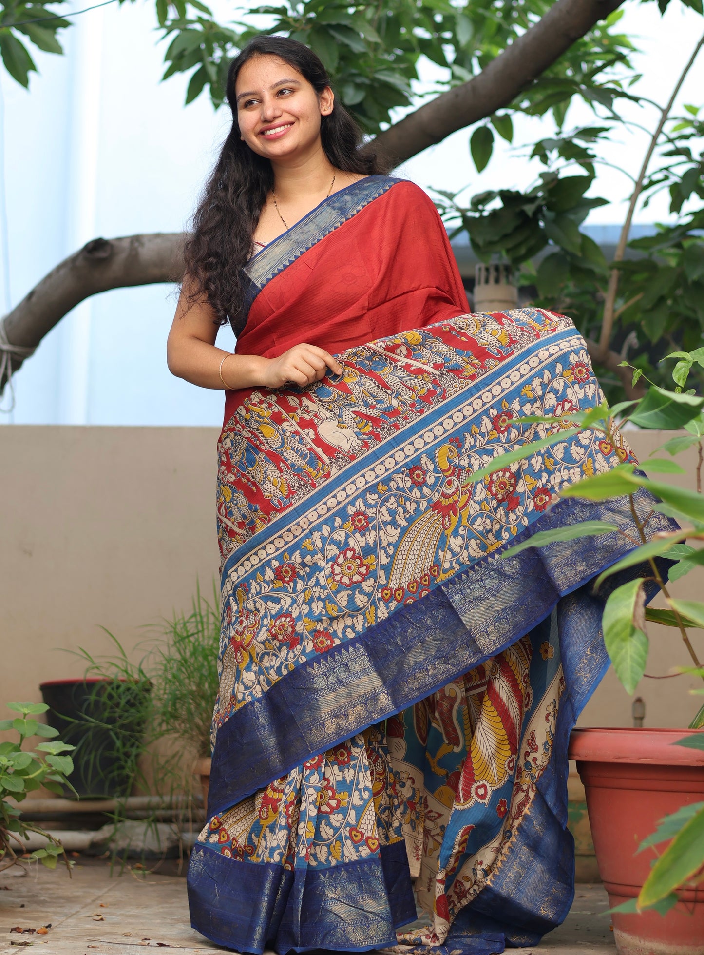 Red & Blue Madhubani Kalamkari Silk Handcrafted Kanchi Border Saree