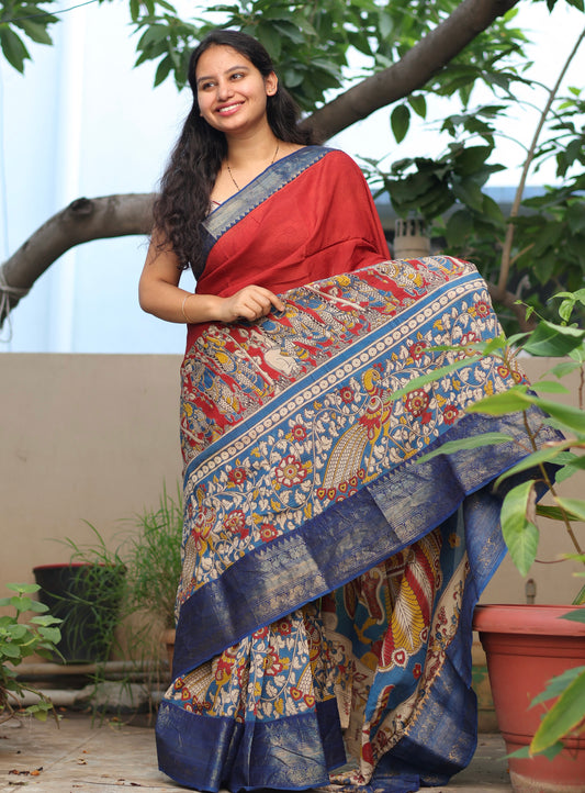 Red & Blue Madhubani Kalamkari Silk Handcrafted Kanchi Border Saree