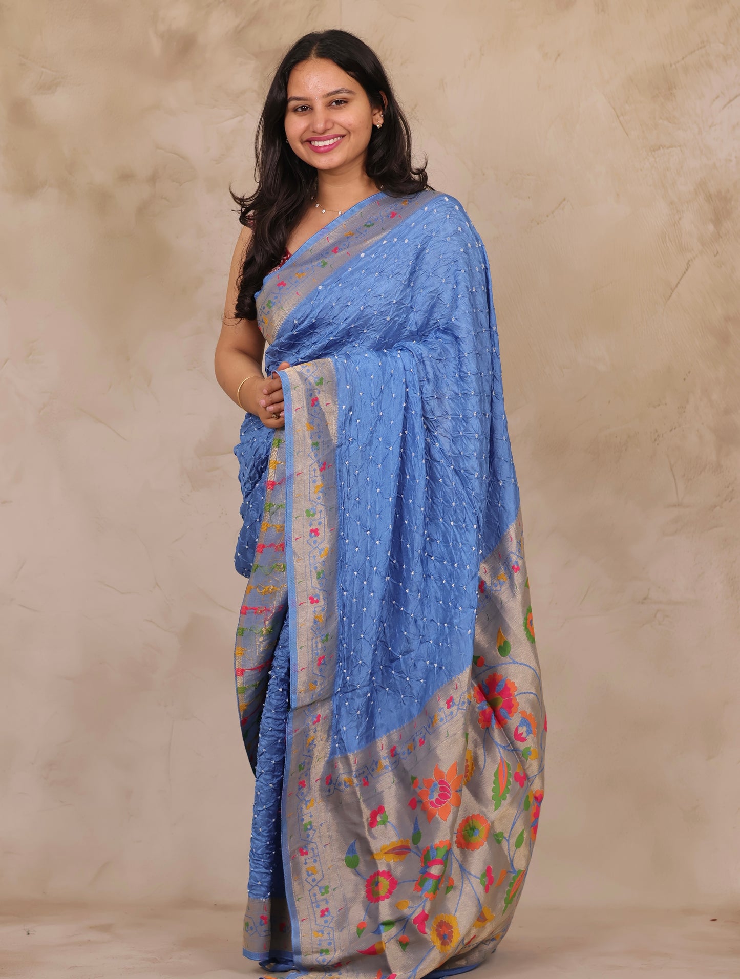 Pastel Handcrafted Bandhani Paithani Dola Silk Saree | Looms & Tassels