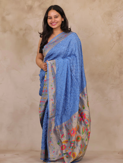 Pastel Handcrafted Bandhani Paithani Dola Silk Saree | Looms & Tassels