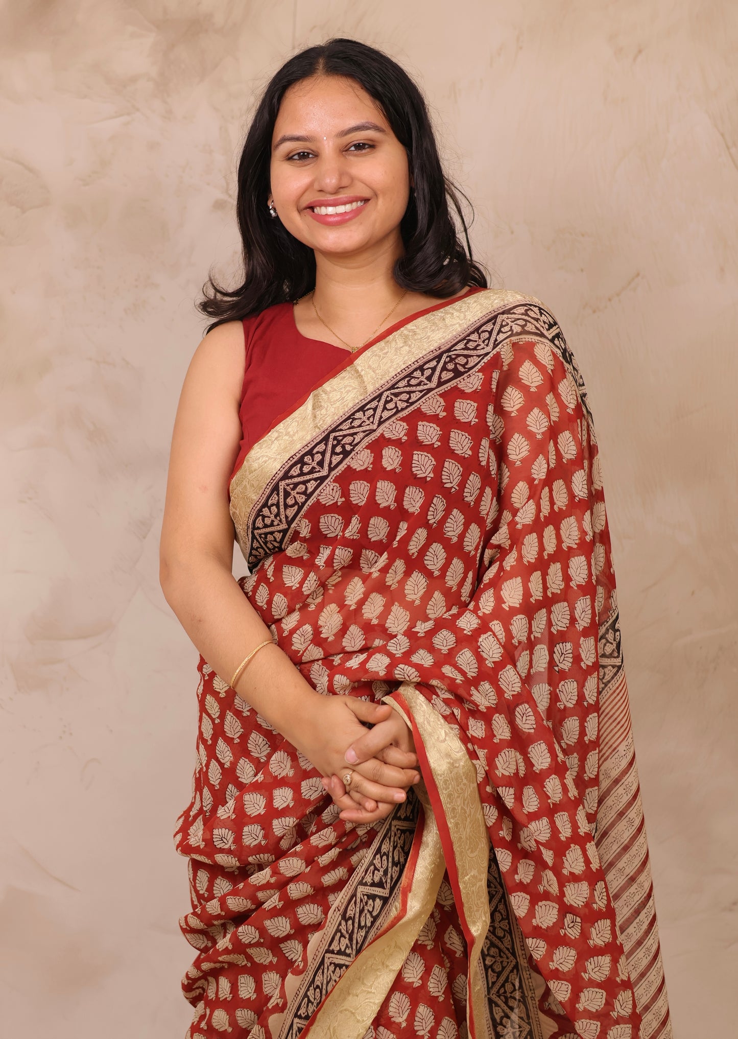 Maroon Chiffon Hand Block Printed Saree with Jari Border | Looms & Tassels