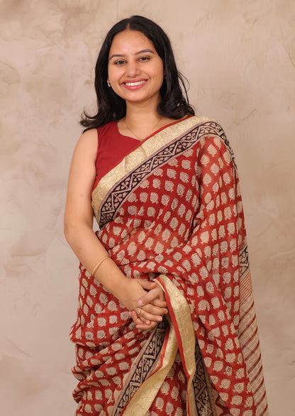 Maroon Chiffon Hand Block Printed Saree with Jari Border | Looms & Tassels