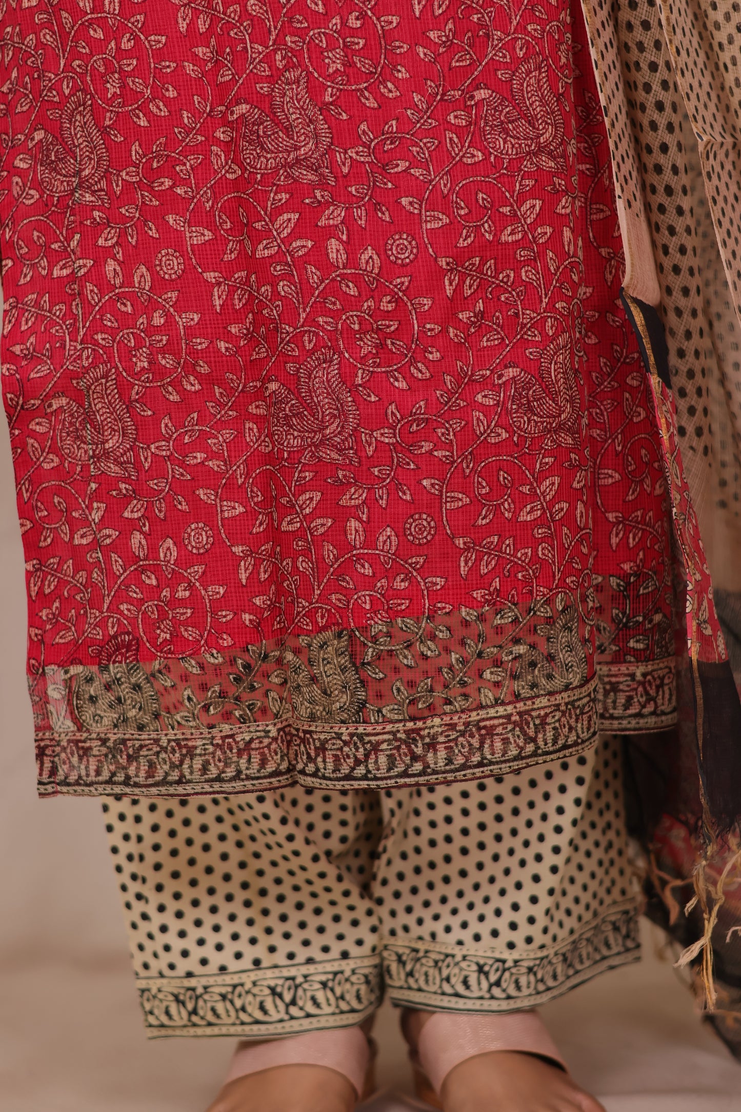 Pink Handblock printed kota 3 piece suit (stitched)
