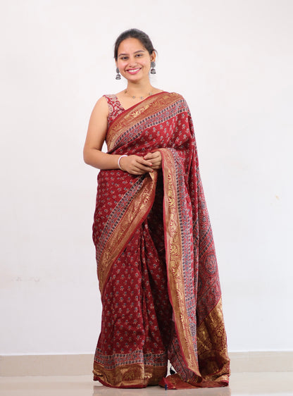 Ajrakh Dola Silk Saree