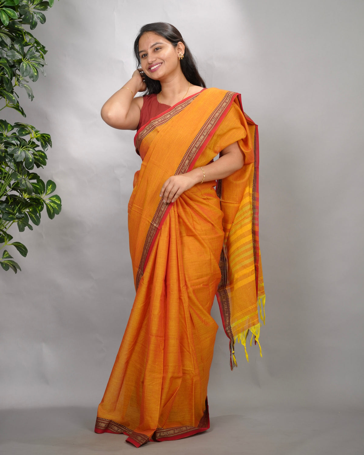 Festive Orange Narayanpet Cotton Saree | Looms & Tassels