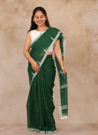 Bottle Green Malai Cotton Saree with Butta Weaving | Looms & Tassels