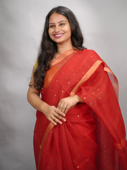 Red Handwoven Muslin Silk Saree With Sequence Work | Looms & Tassels