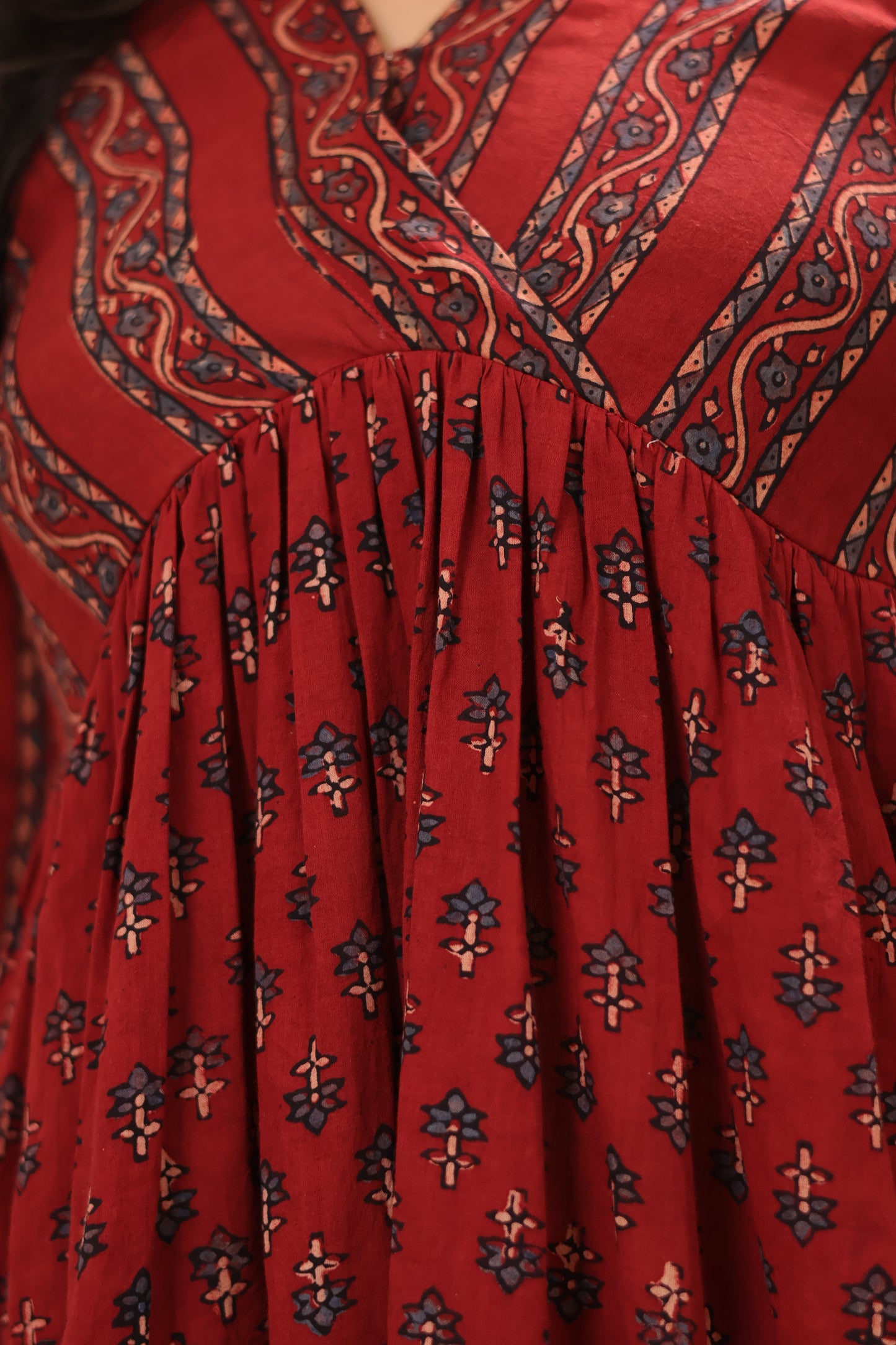 Maroon Ajrakh Hand Block Printed Pure Mul Cotton Aline Kurta | Looms & Tassels