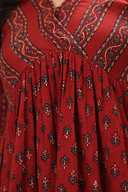 Maroon Ajrakh Hand Block Printed Pure Mul Cotton Aline Kurta | Looms & Tassels