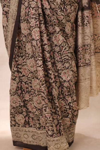 Black Hand Block Printed Kalamkari Cotton Saree | Looms & Tassels