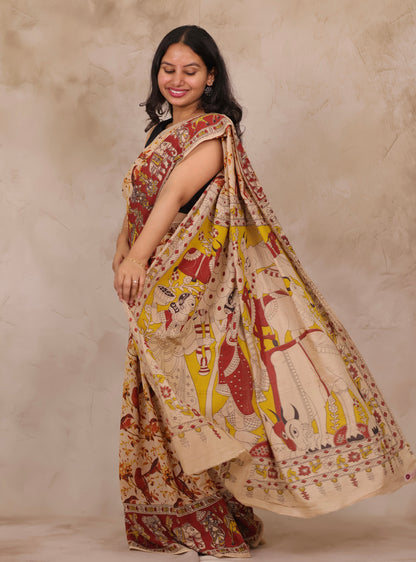 Cream Kalamkari Cotton Saree