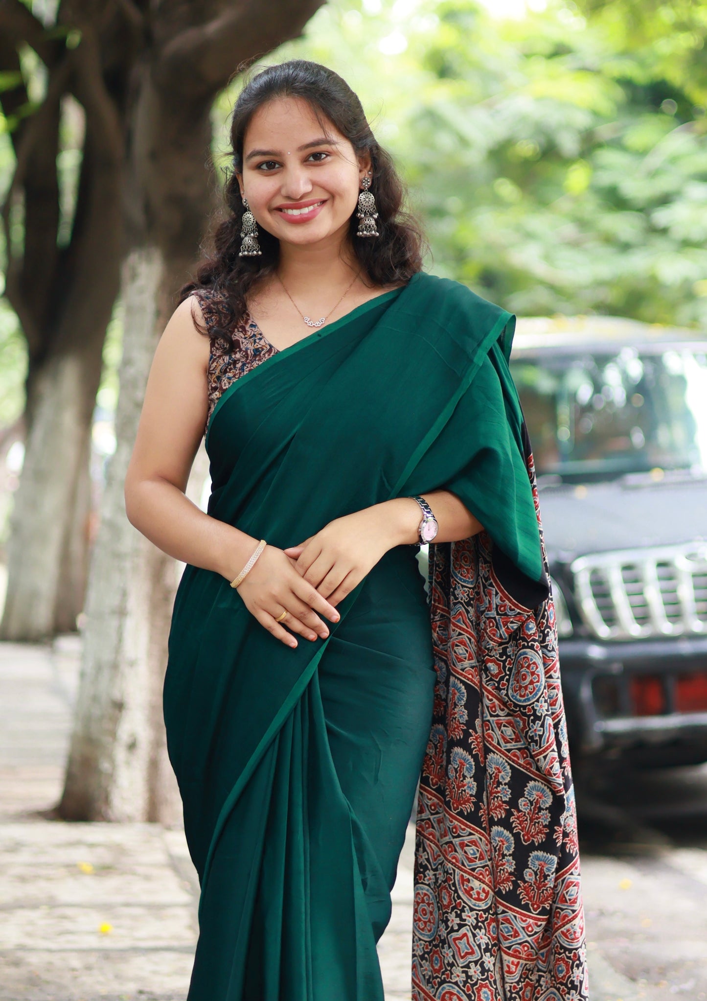 Green Ajrakh Modal Silk Saree