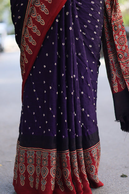 Purple Ajrakh Bandhej Modal Silk Saree