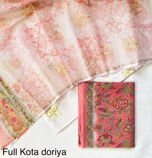 Handblock printed pure kota doria cotton 3 piece suit set