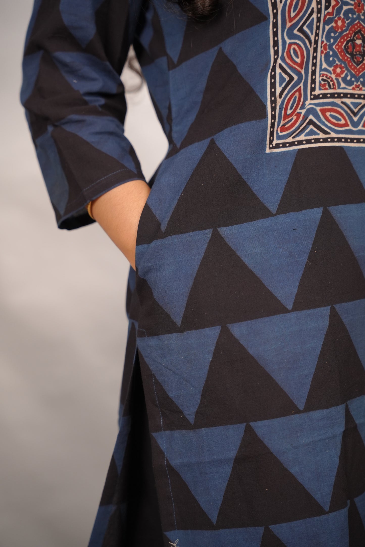 Black & Indigo Ajrakh Pattern Hand Block printed Kurti | Looms & Tassels