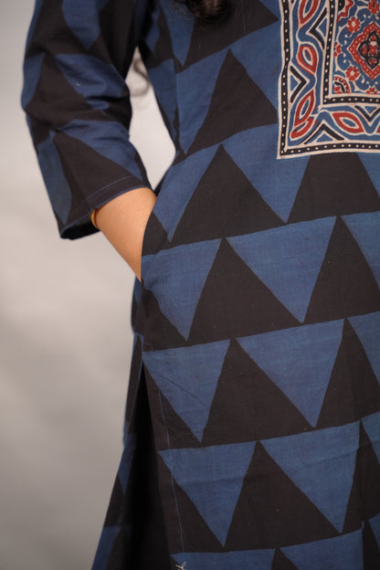 Black & Indigo Ajrakh Pattern Hand Block printed Kurti | Looms & Tassels