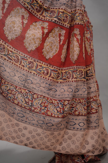 Red Hand Block Printed Kalamkari Cotton Saree | Looms & Tasselse