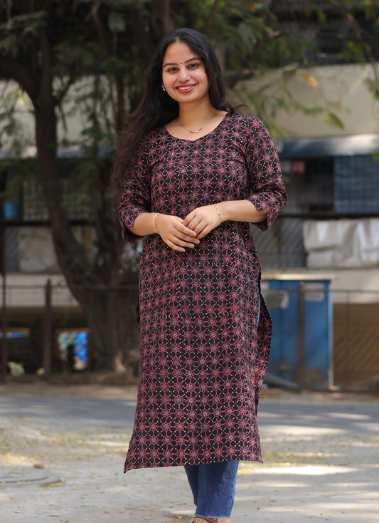 Black & Maroon Ajrakh Hand Block Printed Kurti