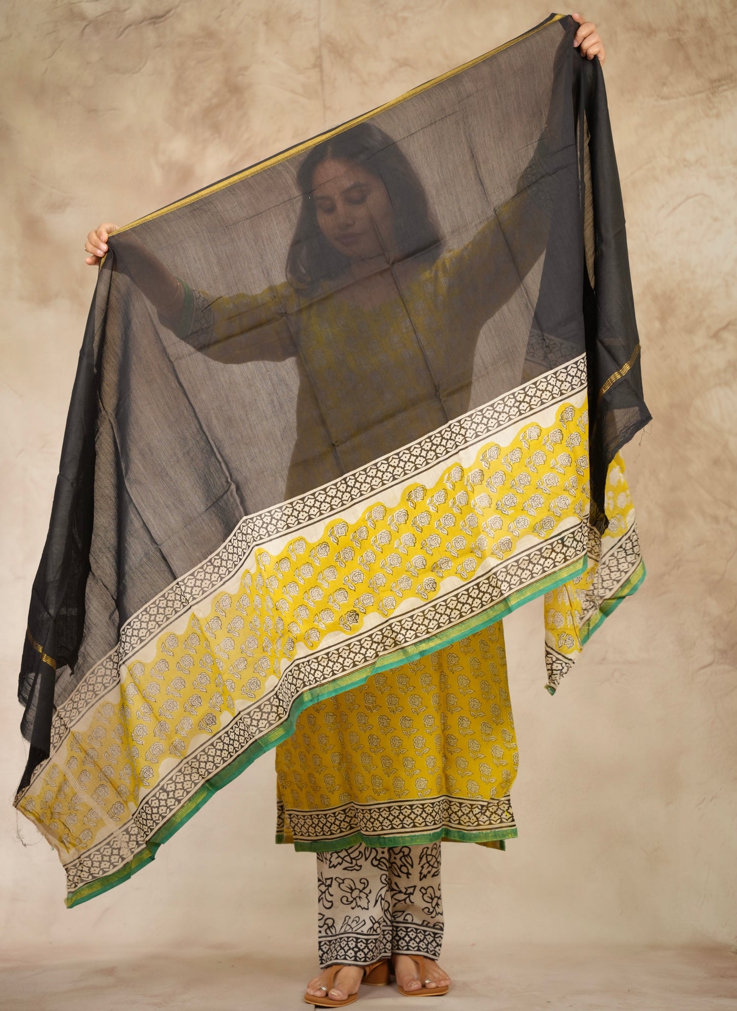 Yellow Handblock printed Pure Chenderi Silk 3 piece suit (stitched) |  Looms & Tassels