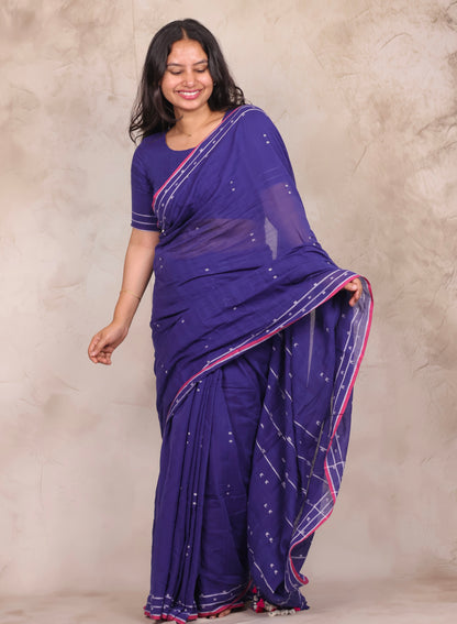 Blue Malai Cotton Saree with Butta Weaving | Looms & Tassels
