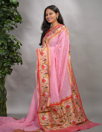 Pastel pink Handcrafted Bandhani Paithani Dola Silk Saree | Looms & Tassels