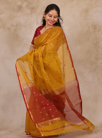 Mustard Handloom Maheswari Silk Cotton Sarees | Looms & Tassels