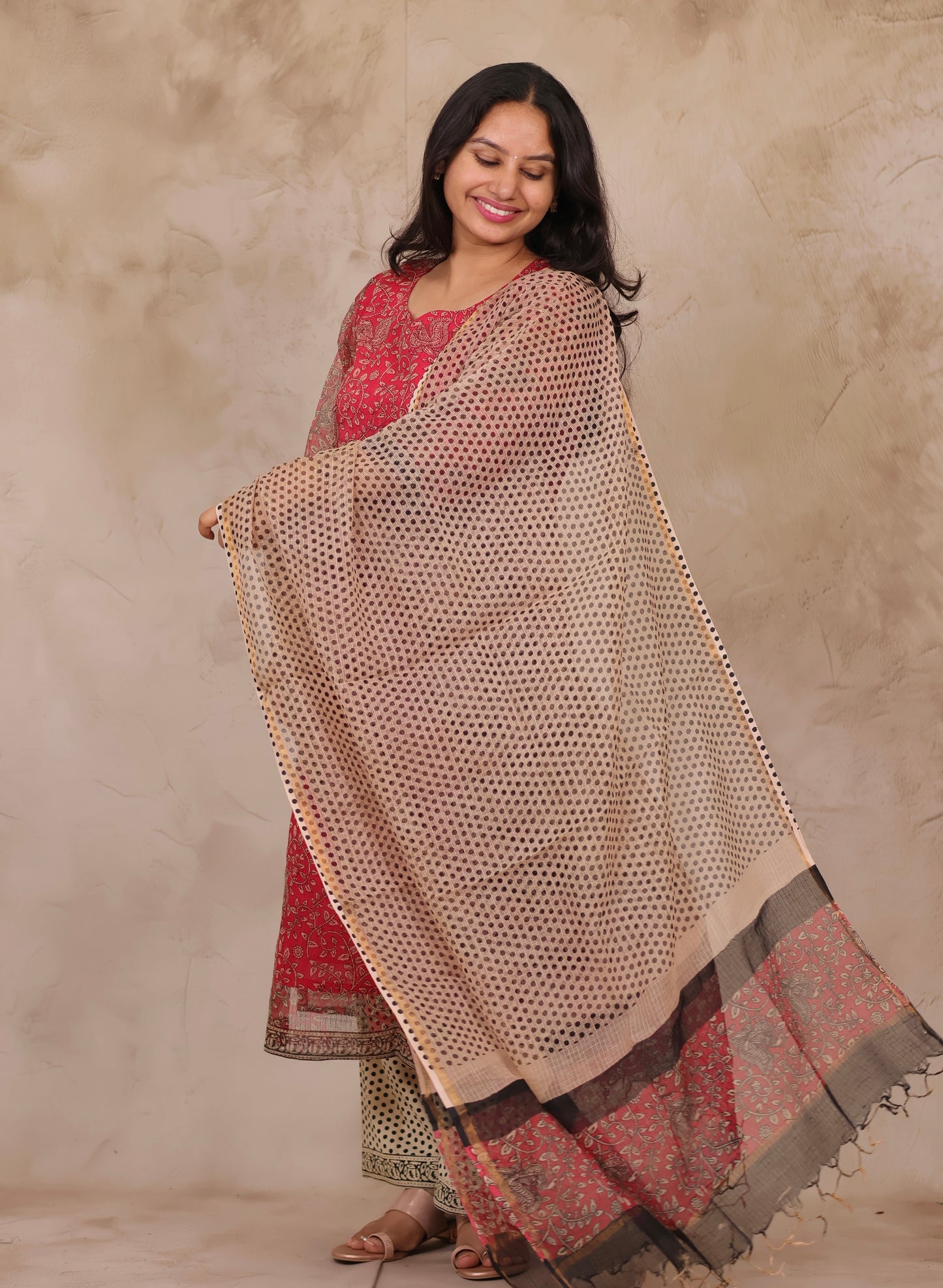 Pink Handblock printed kota 3 piece suit (stitched)