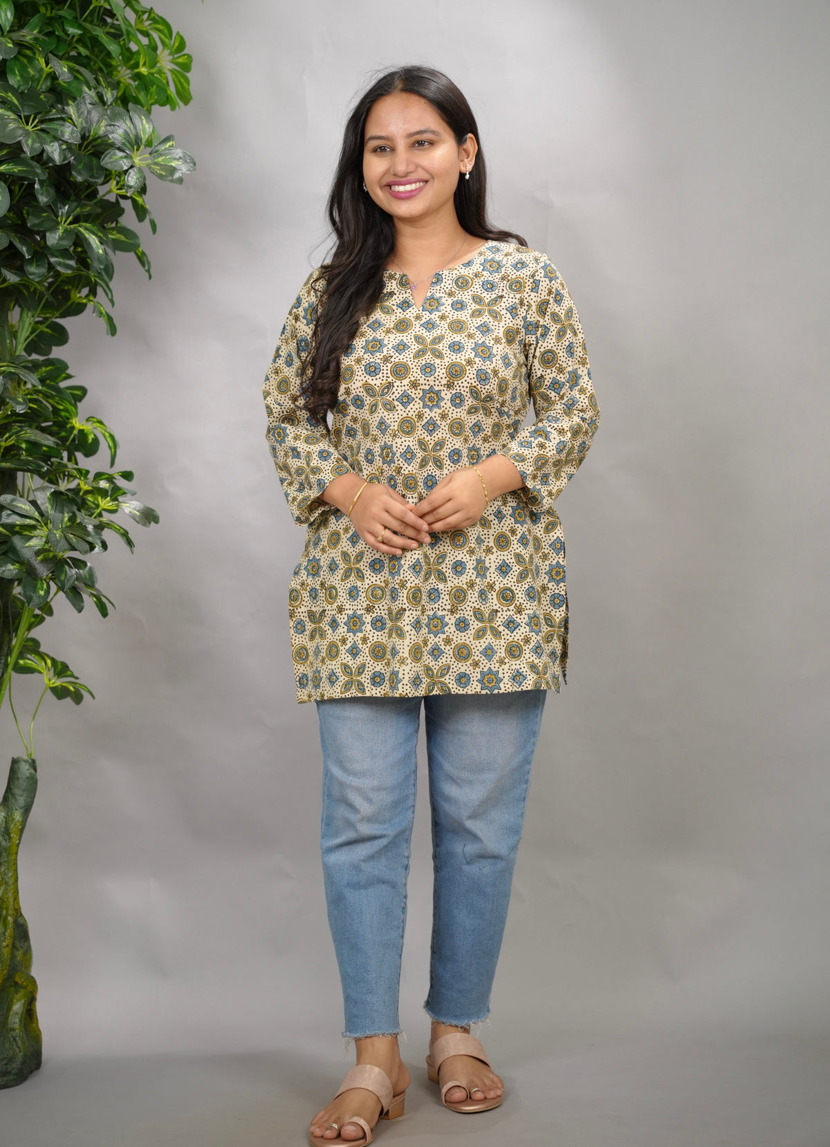 Cream Ajrakh Hand Block Printed Short Top
