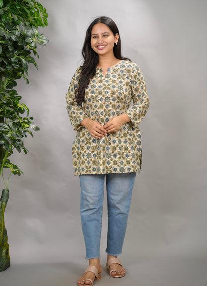Cream Ajrakh Hand Block Printed Short Top